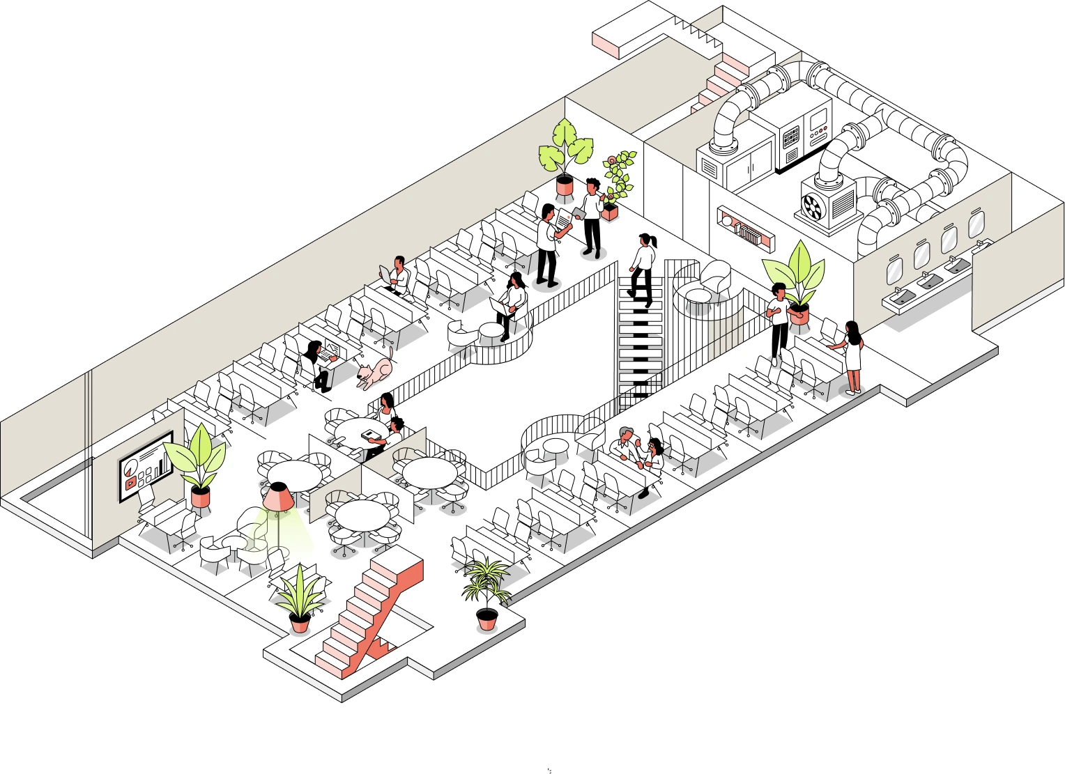 Isometric view of a modern open office space with desks, chairs, plants, and people working and interacting.