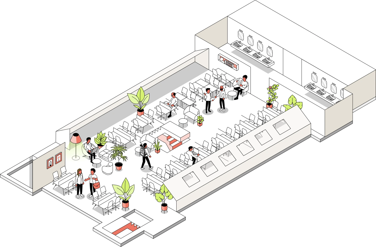 Isometric view of a modern open office space with desks, chairs, plants, and people working and interacting.